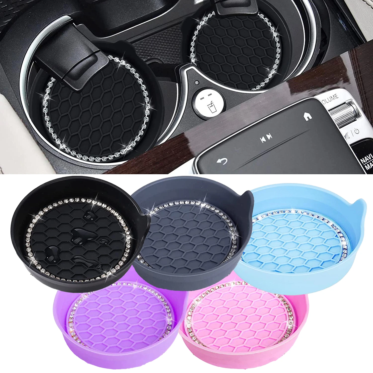 2PCS Car Cup Coaster Universal Non-Slip Cup Holders Bling Crystal Rhinestone Car Interior Accessories