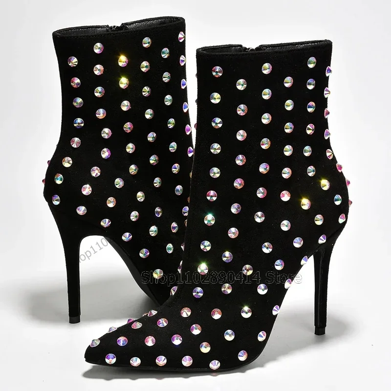 

Colorful Crystal Decor Pointed Toe Mid Calf Boots Side Zipper Women Shoes Thin High Heels Fashion Party 2023 Zapatos Para Mujere