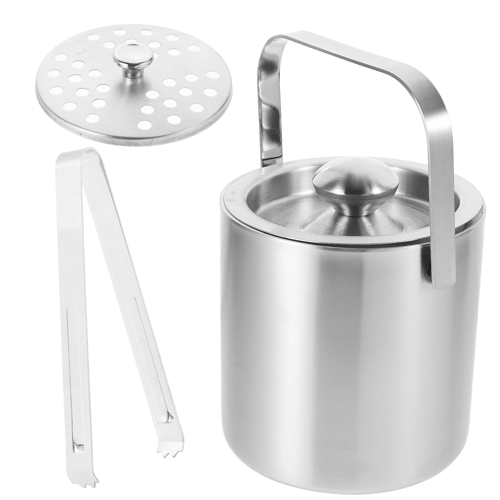 

Stainless Steel Ice Bucket 1.3L Double Layer Thickened Lid Tongs Cocktail Bar Home Accessories Metal Bucket