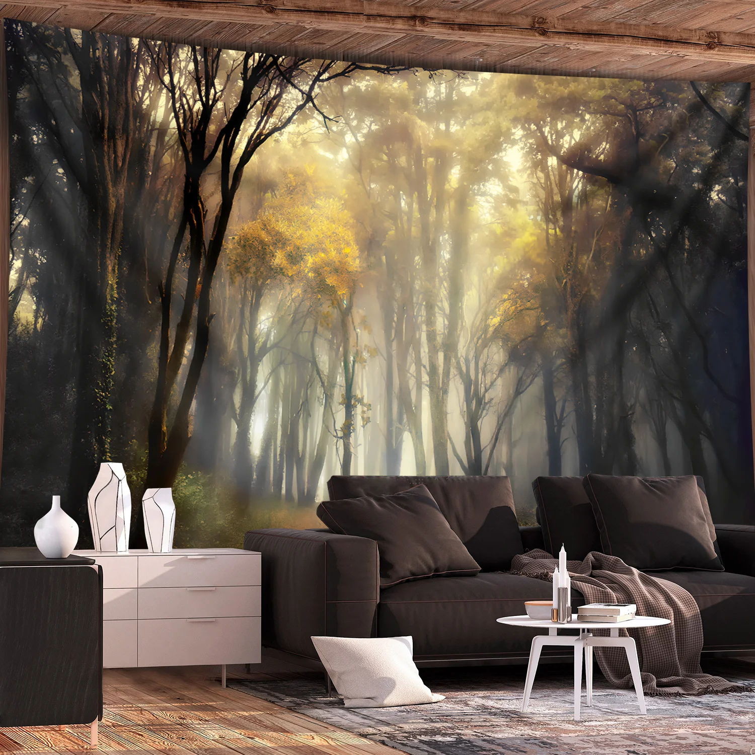 1pc Extra Large Serene Forest Mist Landscape Tapestry - Polyester Wall Hanging with Vibrant Autumn Trees & Misty Atmosphere