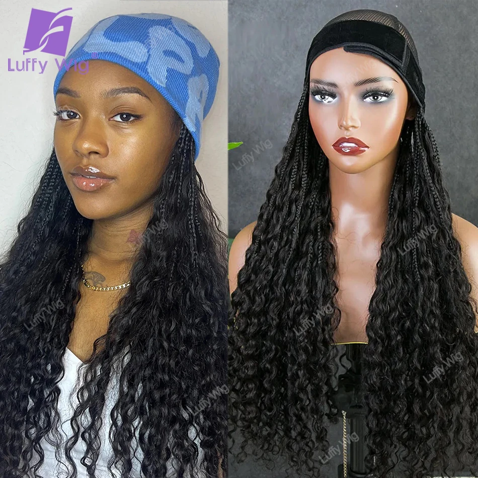 Boho Box BraidsBand Wig Pre-Braided Synthetic Braids with Human Hair Curls Braiding Hair No Baseball Cap Hat for Black Women