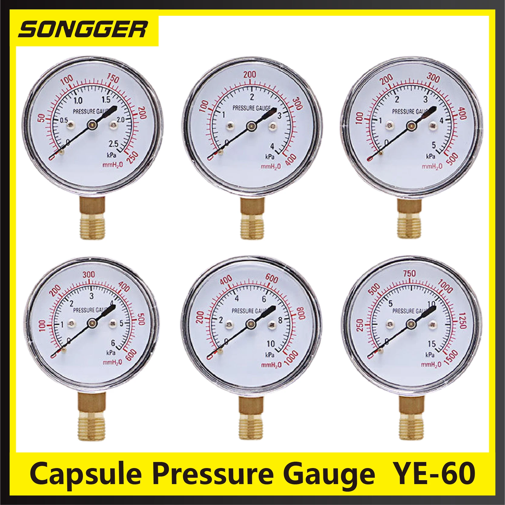 

OEM Double Scale Stainless Steel Capsule Pressure Gauge China 65mm Range 1.6-60KPa Measurement