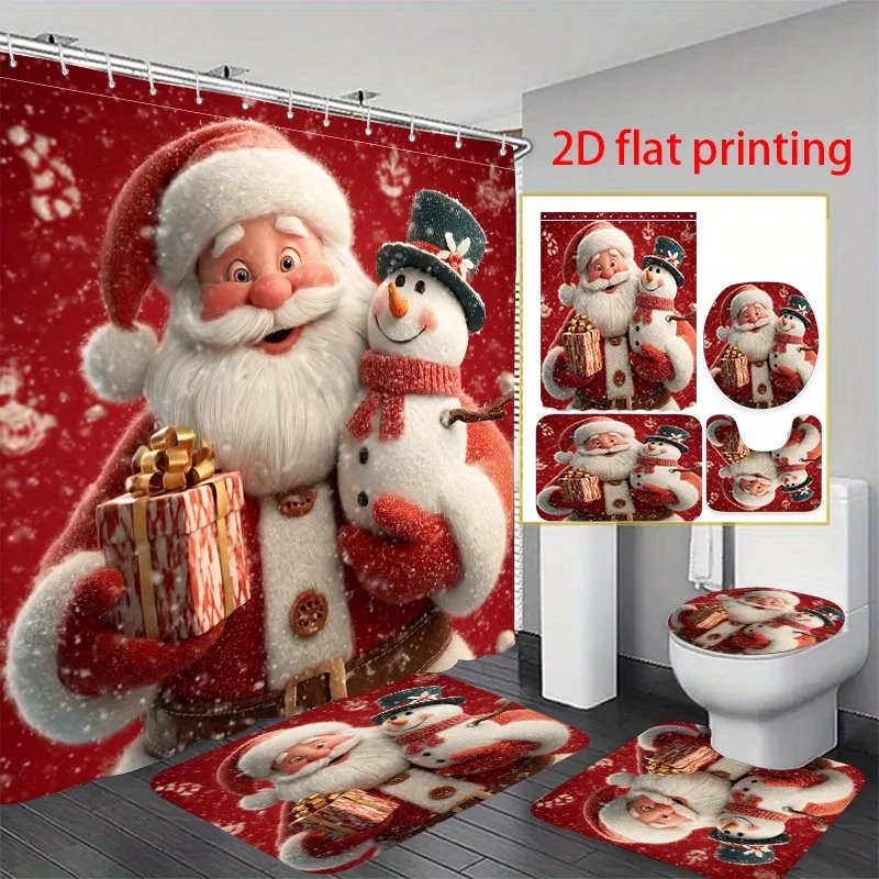 

4pcs 2D flat printing Shower Curtain Bathroom Set Santa and Snowman with Gifts. modern home decoration, shower curtain and