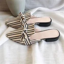 Woman Fashion Bowknot Striped Muller Shoes Pointed Toe Summer Square High Heels Women's Slippers Female Leisure Flip Flops 34-42