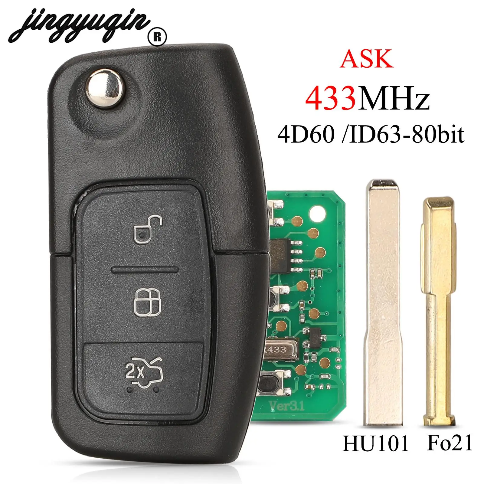 Jingyuqin ASK 433MHz Flip Remote Key 4D60 ID63 For Ford Focus Mondeo C-Max S-Max Galaxy Fiesta Keyless Entry HU101 FO21 Blade