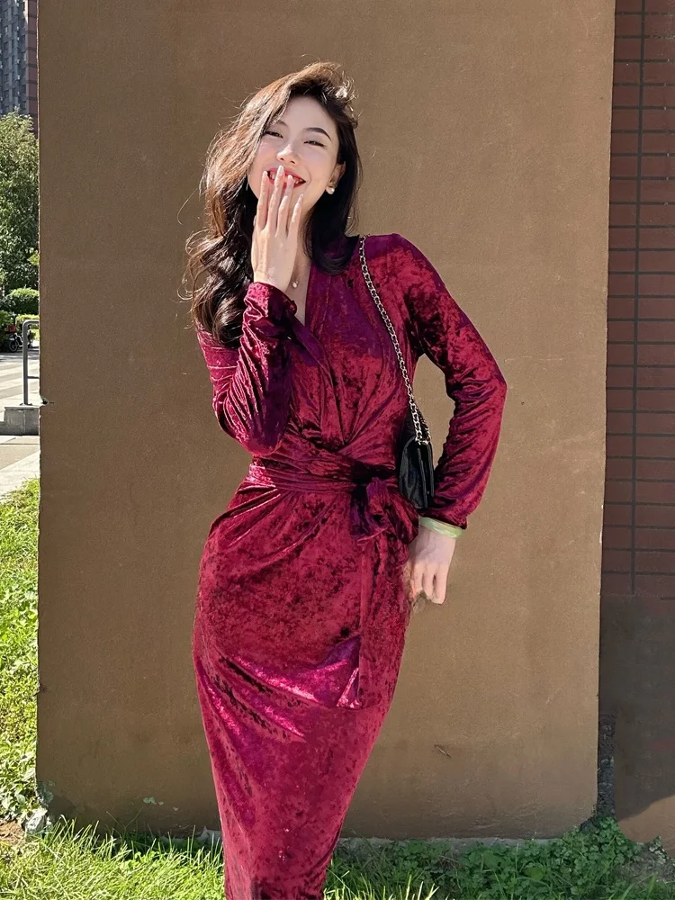 

Velvet Wedding Dr Women's Beautiful High-End Autumn Winter Korean Sle Long Sve Deep V Ne A-Line Skirt Wrap Dr