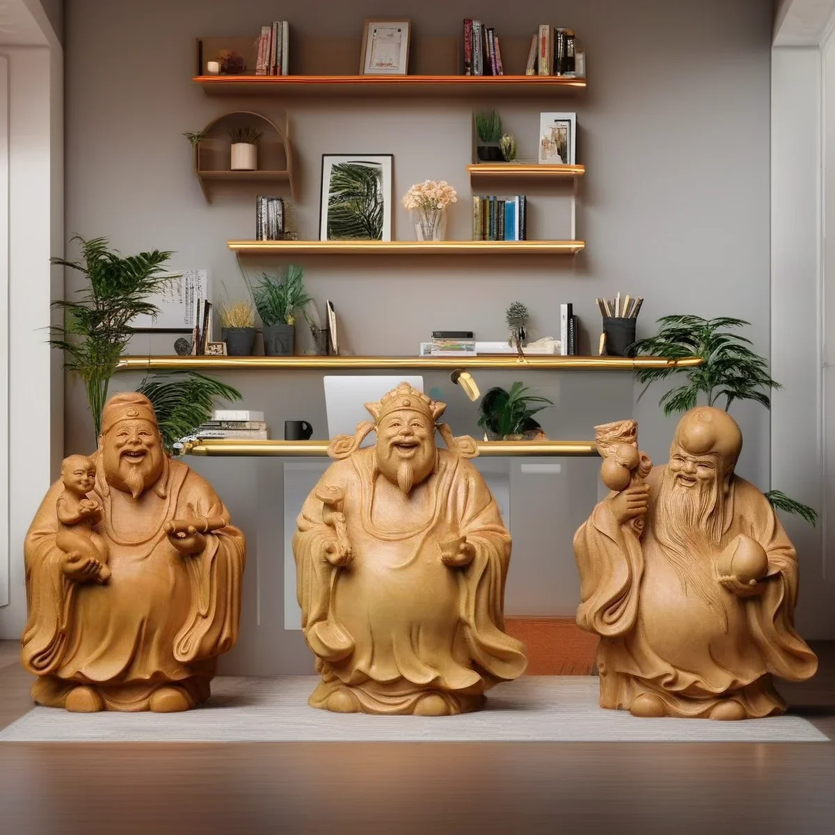 

Natural Solid Wood Fu Lu Shou- Characters Statue Wooden Hand-Carved Home Room Office Fortune Decoration Statue Three-piece set