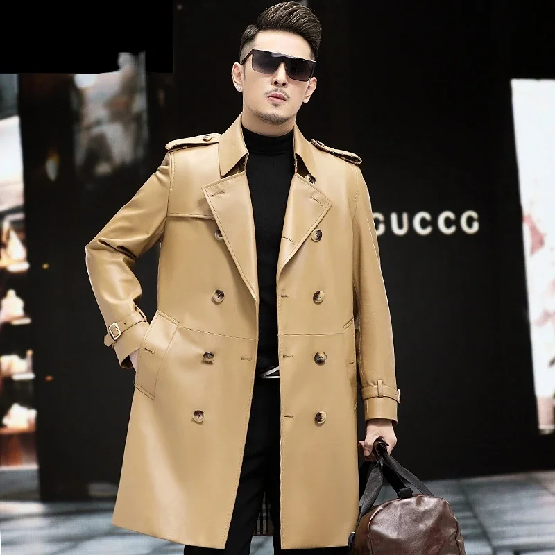 High End Genuine Leather Jacket Men Fashion Sheepskin Trenchcoat Slim Single Leather Coat Men's Long Coat Trend Autumn Winter FC