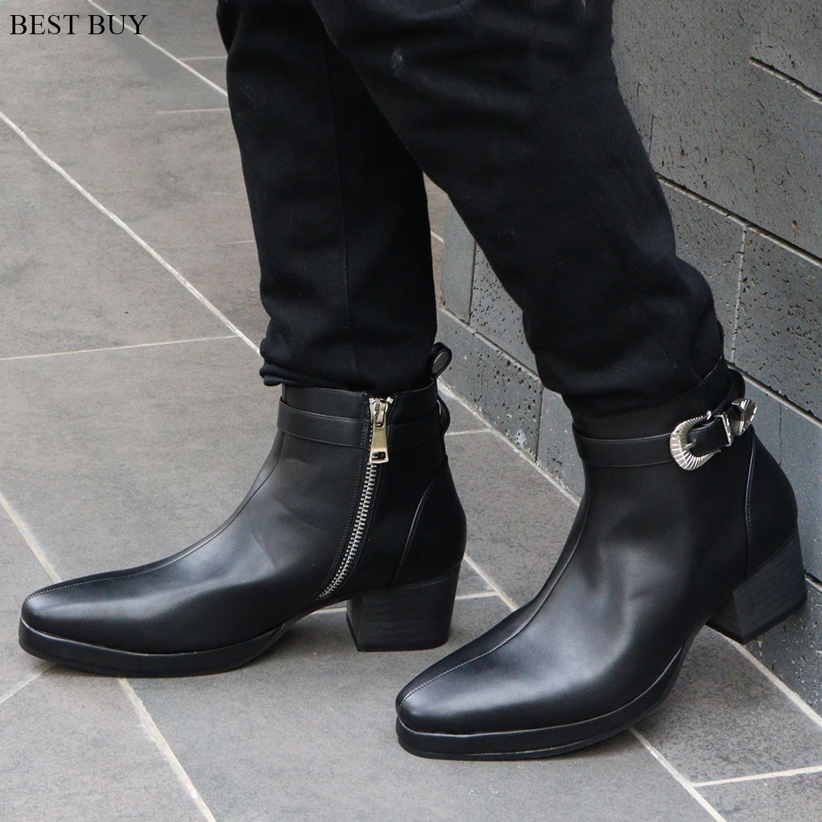 

black Leather Prints Men Chelsea Boots Pointed Toe 4Cm High Heels Ankle Boots Fashion Brand New Male Business Party Shoes