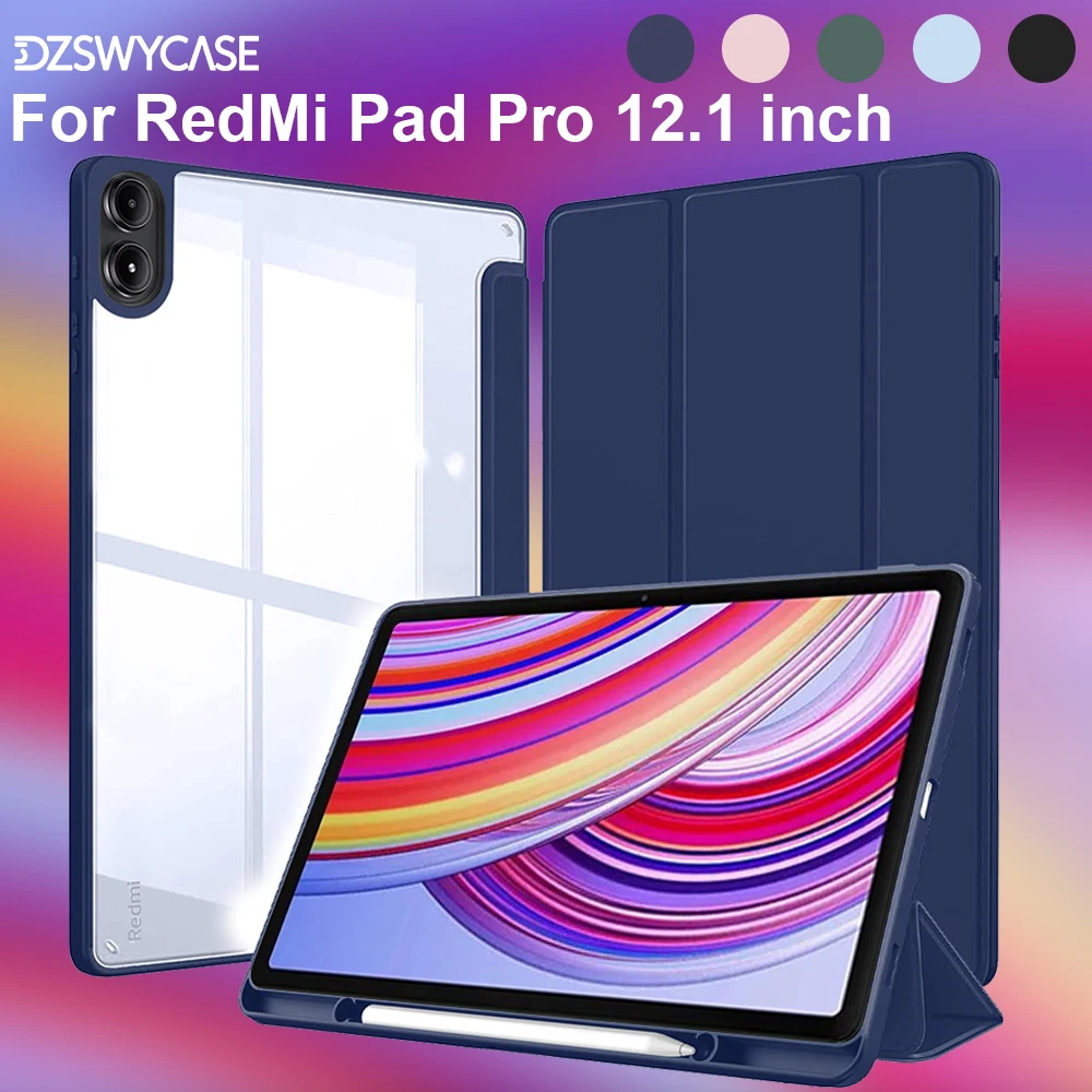 

Чехол для Redmi Pad Pro 12.1 дюйма, с держателем для стилуса, трёхсекционной подставкой, прозрачной задней панелью, поддержкой автоматического режима сна/пробуждения