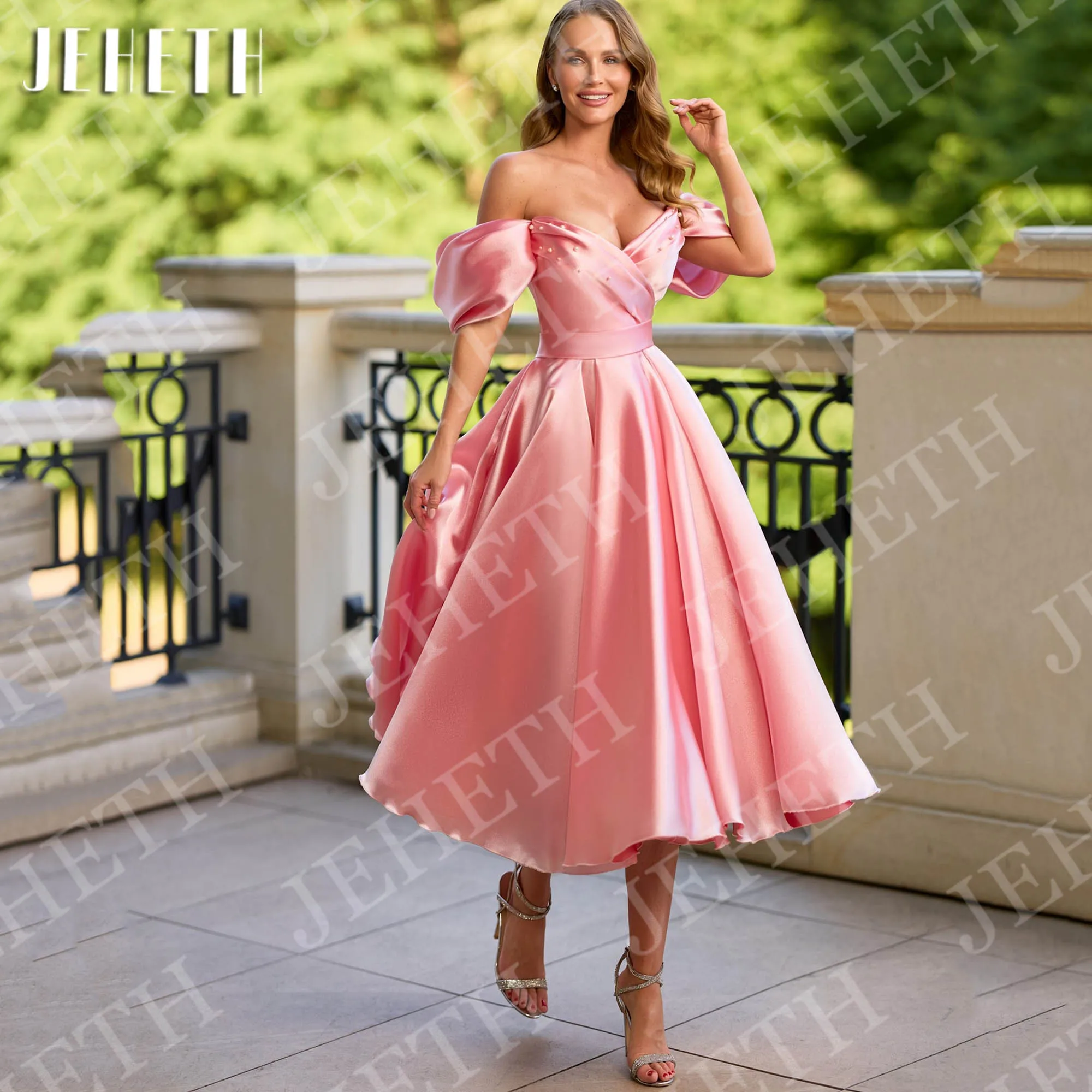 

JEHETH Elegant Off the Shoulder Prom Dress for Woman Pleat Simple A Line Pearls V Neck Satin Evening Party Dresses Customized