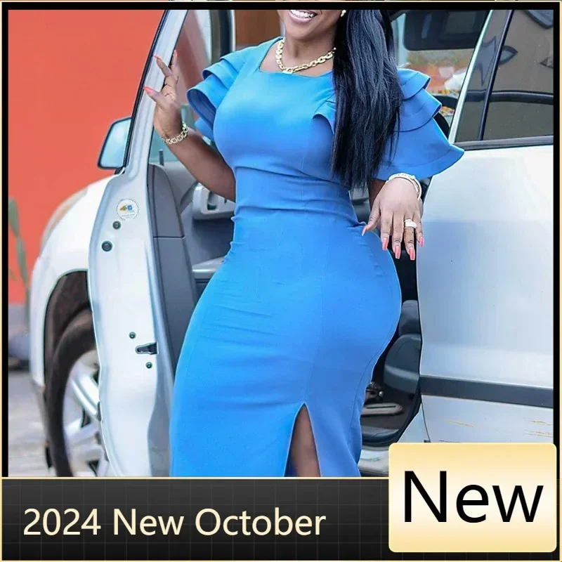 

Customized Summer Fashion Elegant Pencil Dress African Women OL Commuter Solid Ruffle Edge Puff Sleeve Tight Split Dress Women