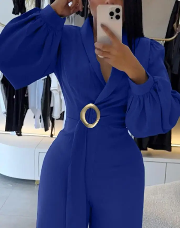 

Women's Rompers Metal Ring Decor Overlap V-Neck Lantern Sleeve Zipper Back Long Jumpsuits Casual Cinched Waist Wide Leg Jumpsuit