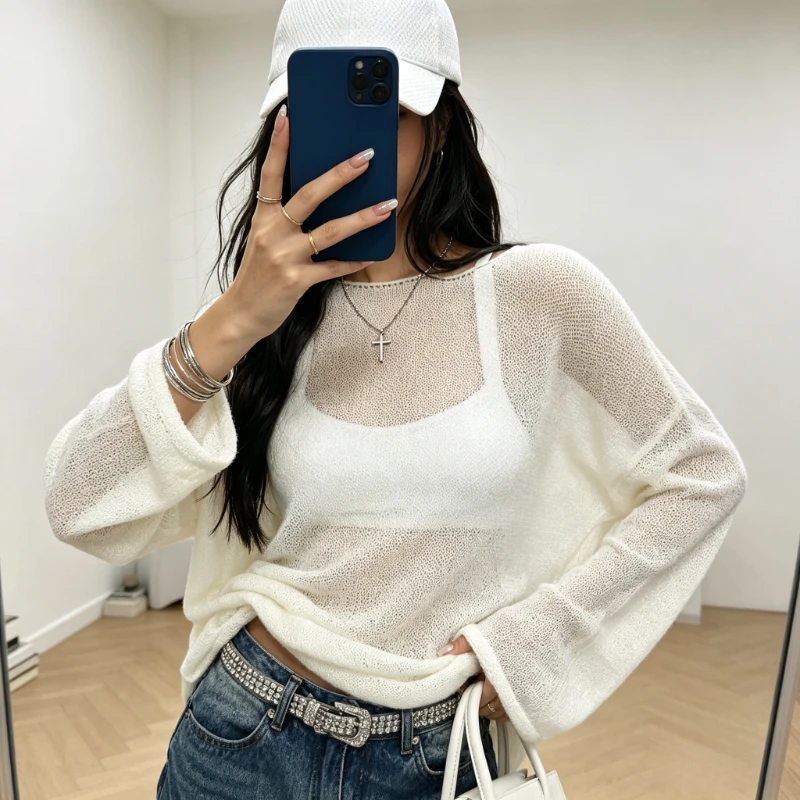 Chill Korean Women See Through Sun-protective Clothing Summer Thin Loose Pullover Tops Sexy O Neck Long Sleeve Knitted T-shirt