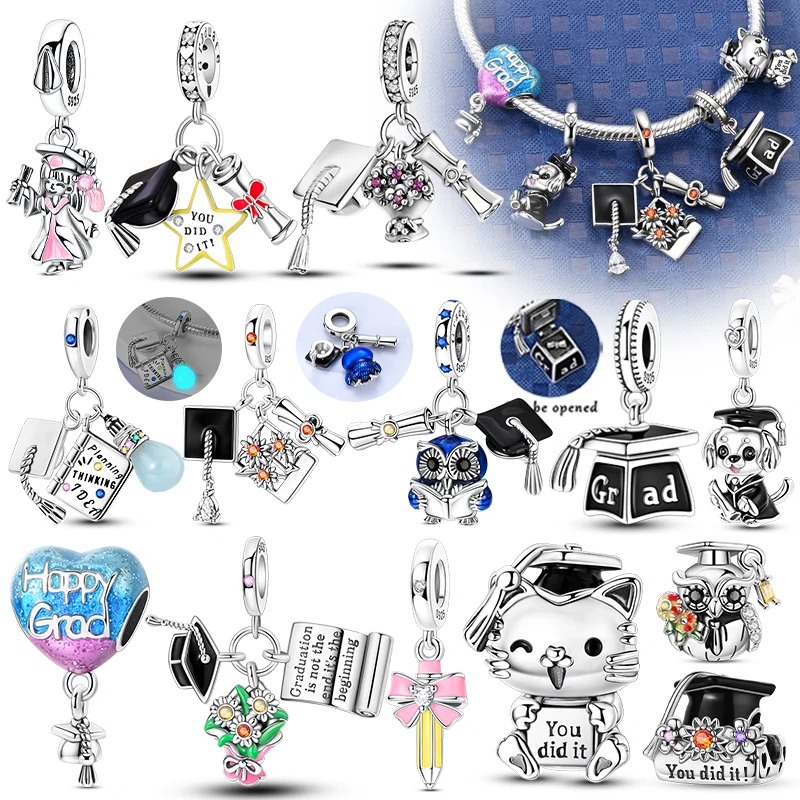 2026 925 Sterling Silver Charms Fresh Flower Degree Certificate Graduation Series Bead Pendant Fit Bracelet Diy Charm Women Gift