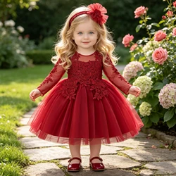 Long Sleeve Red Christmas Girls Party Dresses Lace Baptism Costume Flower Embroidery 1st Birthday Dress Kids Bridemaid Prom Gown
