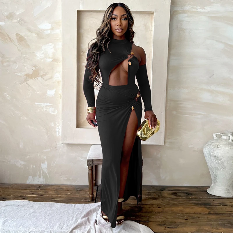 CUTENOVA 2024 Autumn New Single Shoulder Half High Neck Long Sleeve Sexy Hollow Out Bodysuit + High Split Long Dress Set Elegant