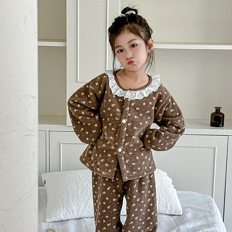 2026 Spring New Type Girls' Thick and Warm A-class Cotton Soft Sticky Home Clothes Top and Pants Two Piece Set