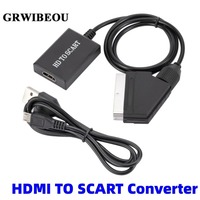 GRWIBEOU HDMI-compatible To SCART Video Audio Converter Adapter for HD TV DVD for Sky Box STB Plug and Play Power Cable Upscale