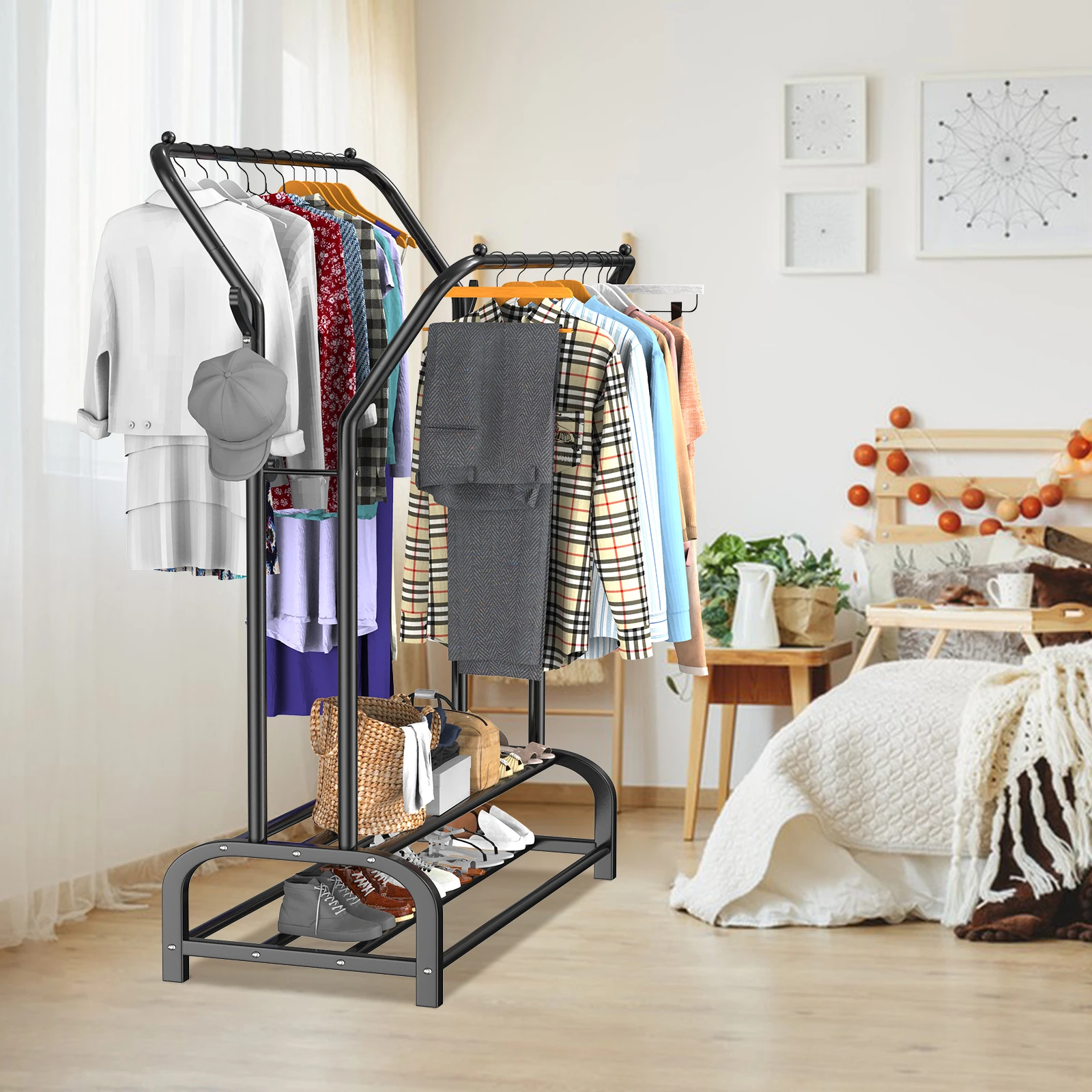 LOEFME Double Heavy Duty Metal Clothes Rail Storage Garment Shelf Display Stand ,with 2 Tier Storage Shelves,for bedroom