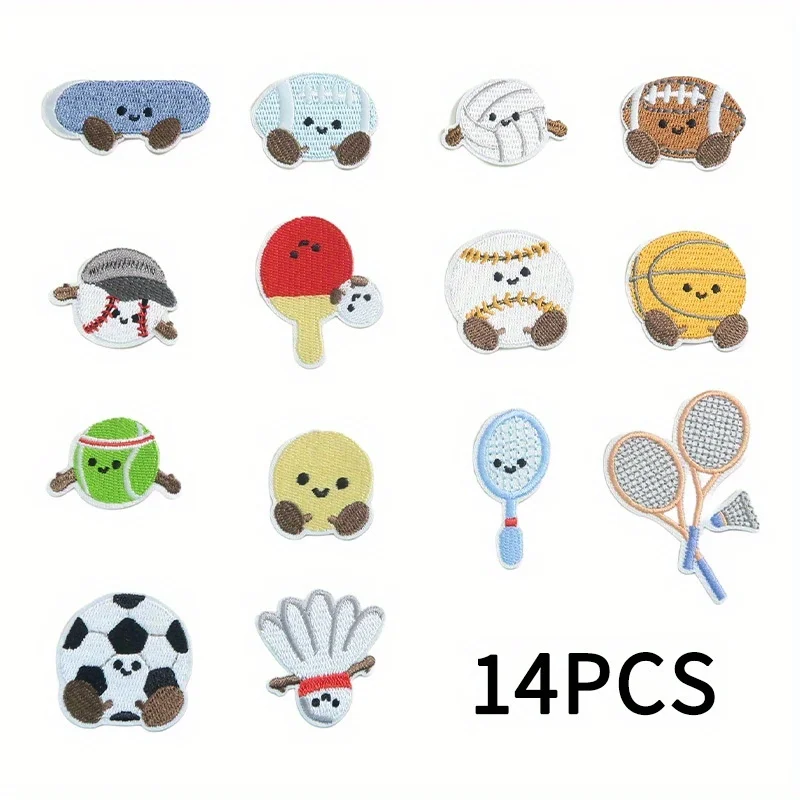 

14pcs Sports Embroidered Patch Badminton Racket Volleyball Football Iron On Patches Kids Clothing Decorative Badge