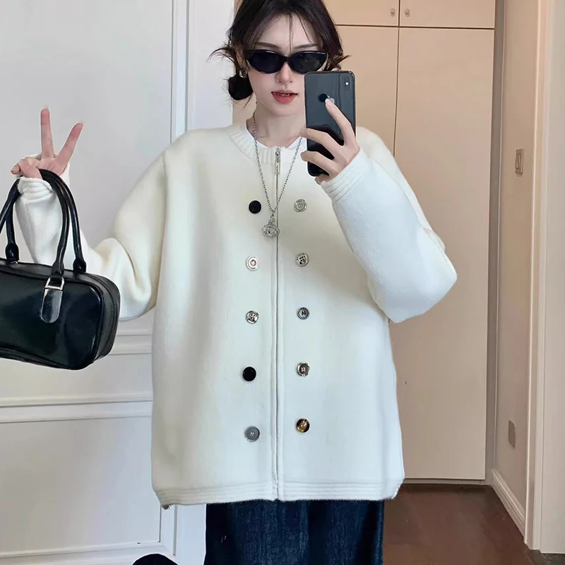 

Leisure Stylish White Cardigan Female Fashion Versatile Zipper Sweater Outerwear 2025 Autumn New Trendy Knitted Coat for Women