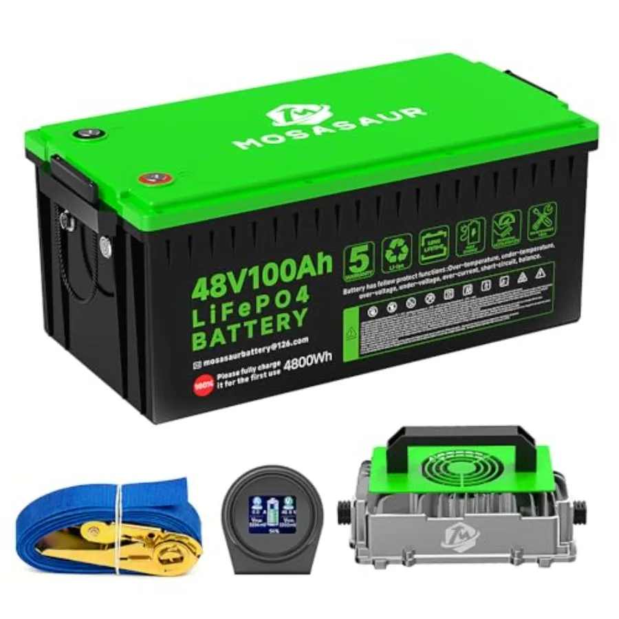 

48V 100Ah LiFePO4 Golf Cart Battery 10.24kW Peak Power 4000+ Cycles Built-in 200A BMS with 48V 18A Lithium Battery Charger LCD