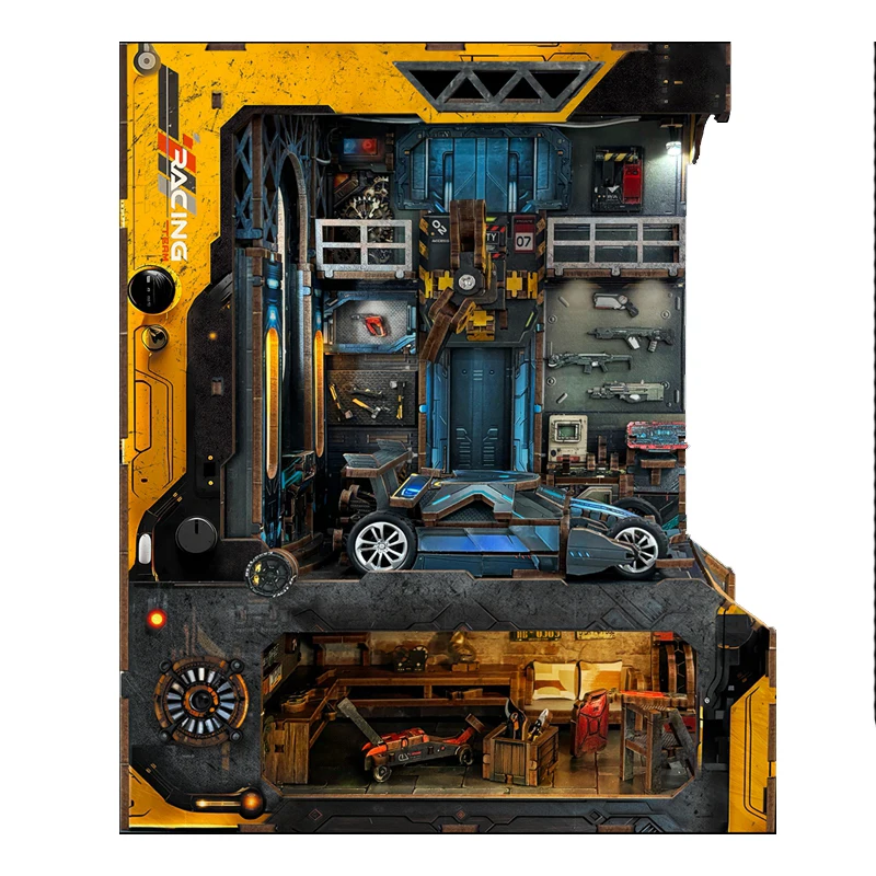 

DIY Wooden Book Nook Shelf Insert Kit Automotive Workshop Miniature Model Kits Bookshelf with Light Bookend for Friends Gifts
