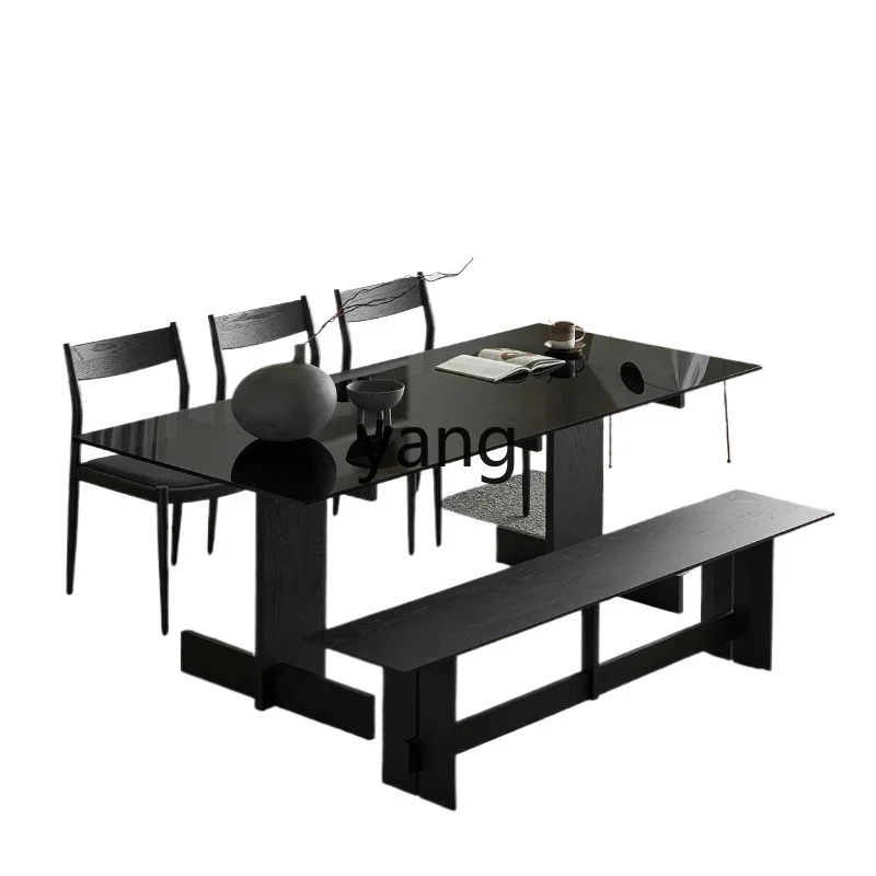 LH solid wood dining table glass countertop tempered home wabi-sabi black retro simple rectangle