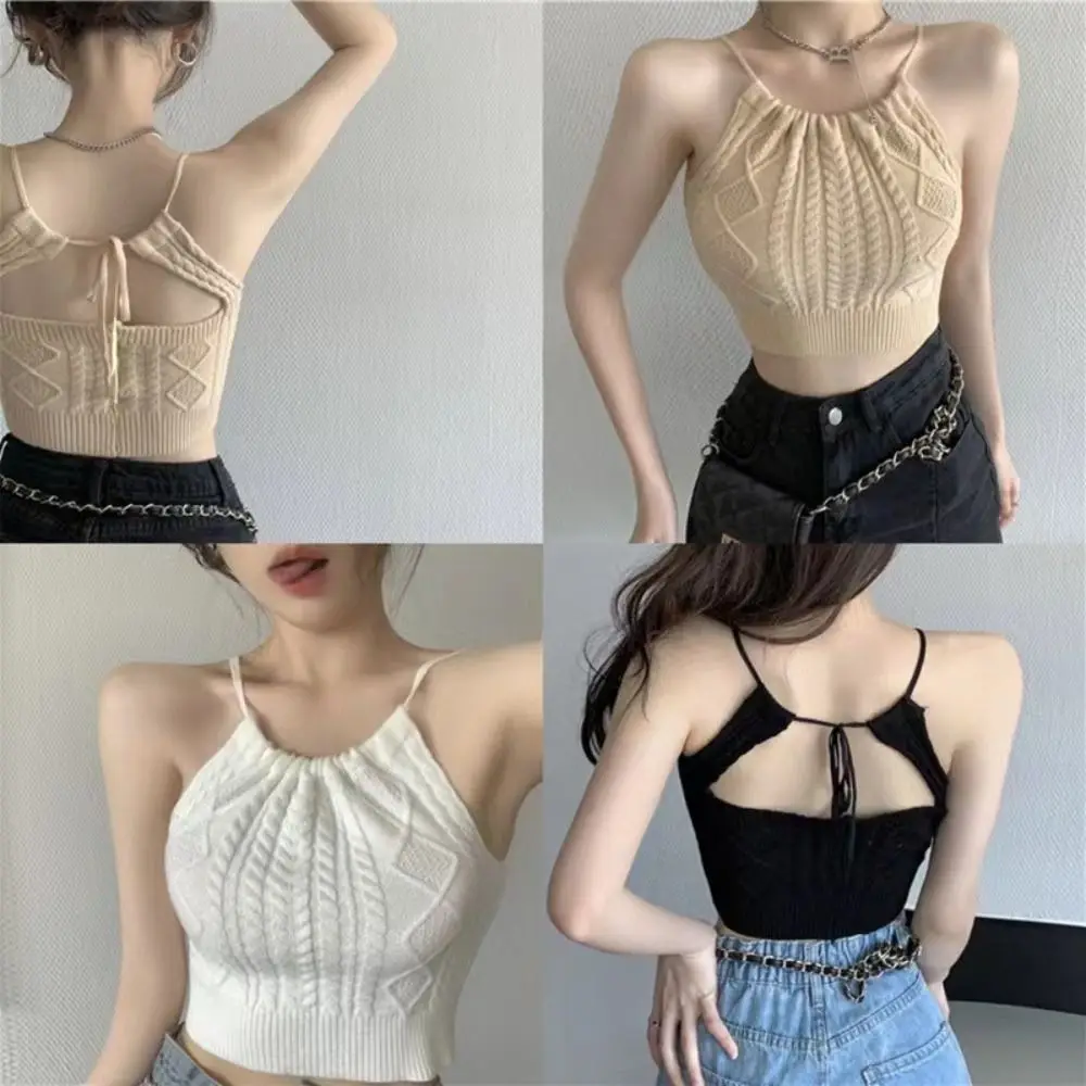 Camiseta sin mangas de fibra de poliéster para mujer, Top Sexy de punto sin mangas con tirantes y cuello colgante