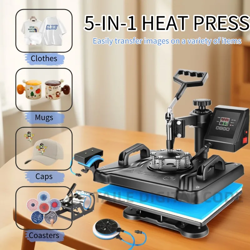 مصنع تصنيع 5 في 1 كومبو نقل الصحافة الحرارة LCD عرض مزدوج آلة الصحافة الحرارة تي شيرت طابعة لوحة القدح