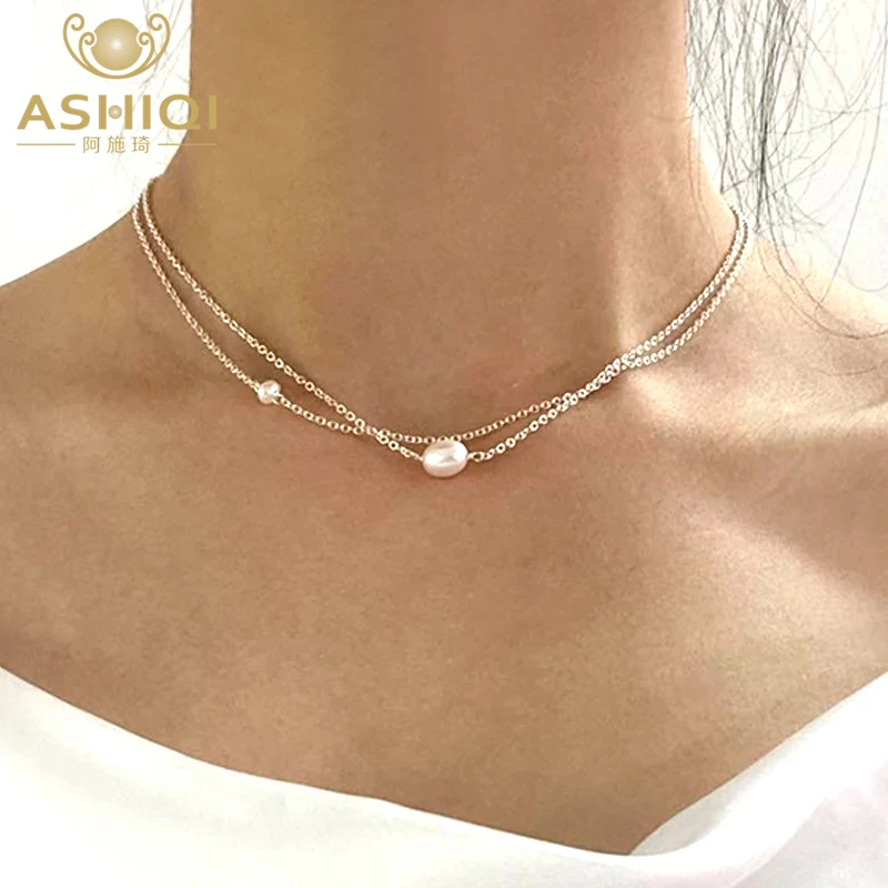 ASHIQI Natural Freshwater Pearl Double Necklace 925 Sterling Silver Chain for Women Female Pearl Choker Fashion Jewelry