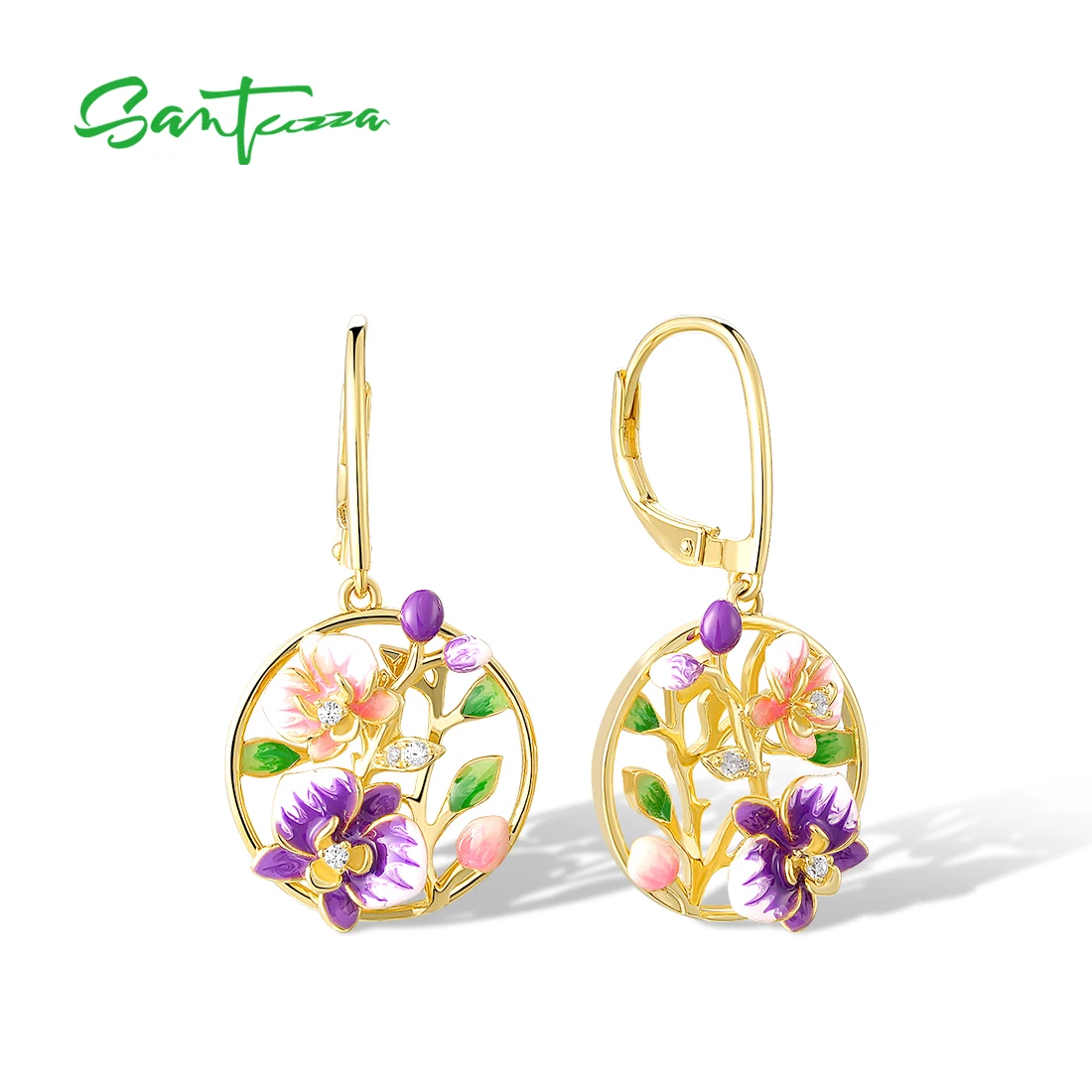 

SANTUZZA 925 Sterling Silver Drop Earrings For Women Sparkling Pink Purple Enamel Chic Fancy Birthday Gifts Fine Jewelry