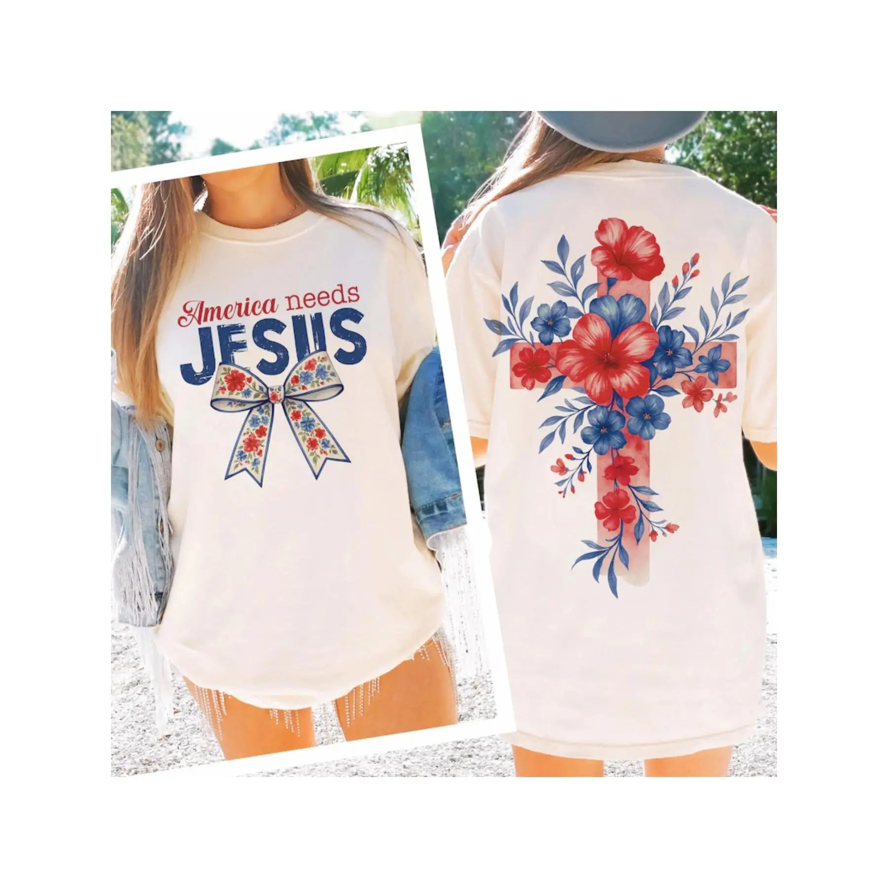 

Urban - style Faith - expression Tee: Stand Out with a Unique and Impactful Design that Merges Religious and National Themes