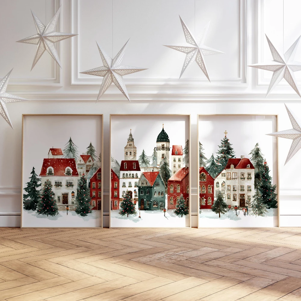 Christmas Village Prints Set of 3 Snowy Winter Town Paintings Christmas Poster Print for Living Room  Xmas Santa Decoration