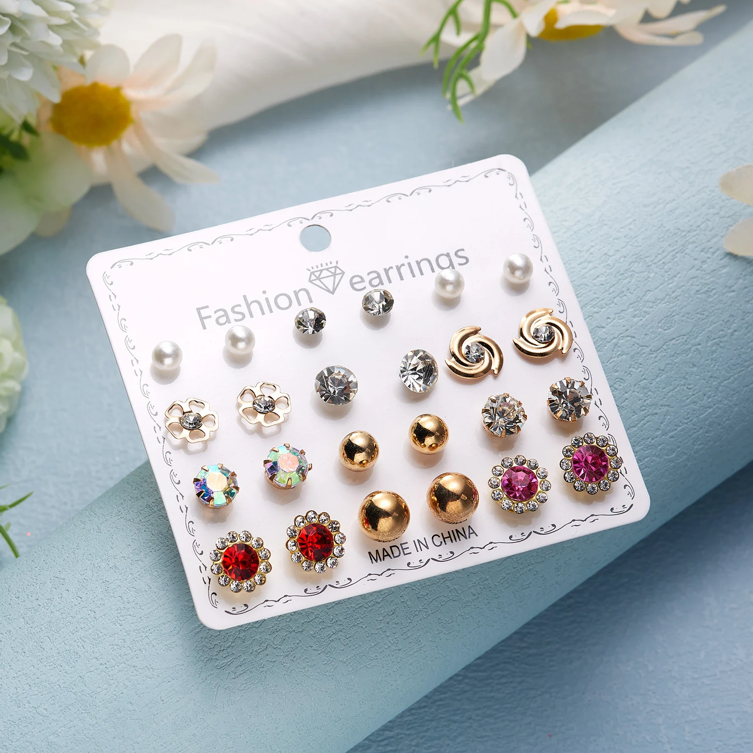 Elegant Zircon Flower Stud Earrings Set for Women Rose Star Moon Bowknot Geometric Piercing Jewelry Wedding Party Ear Gifts