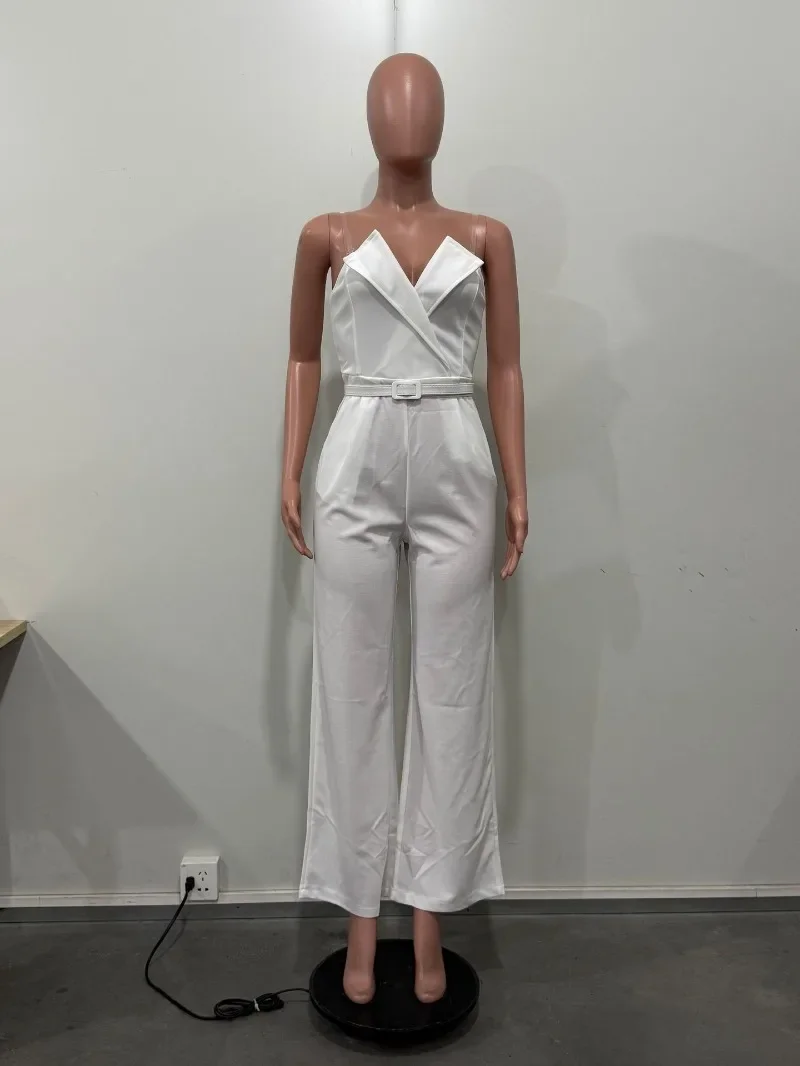 Monos elegantes con corte en V para mujer, chaqueta sin tirantes con cinturón, pantalones de pierna ancha sin espalda, monos de una pieza para fiesta, peleles de oficina para mujer