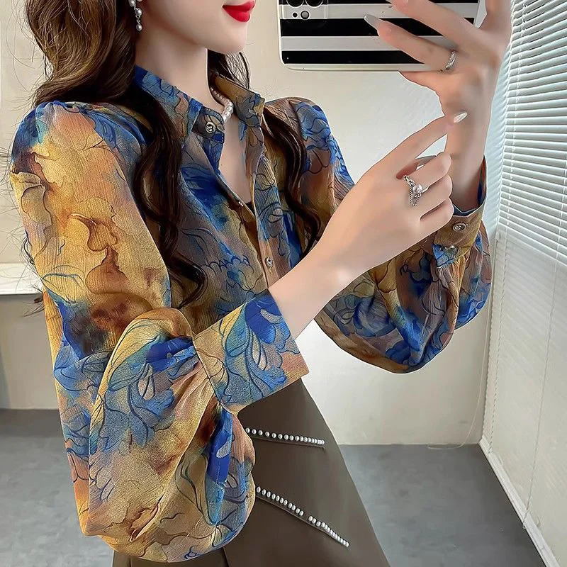 Spring Autumn Polo-neck Elegant Fashion Cardigan Blouse Femme Long Sleeve Casual Floral Printing Shirt Ladies Buttons Top Women