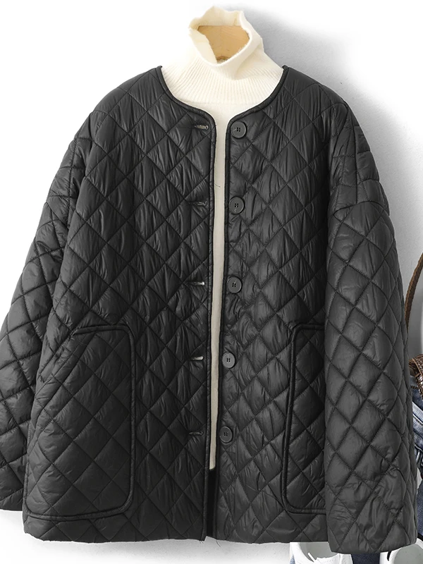 Casual round Neck Cotton Jacket Women's Lightweight Warm Winter Coat Diamond Pattern Loose Fit plus Size Comfortable Top