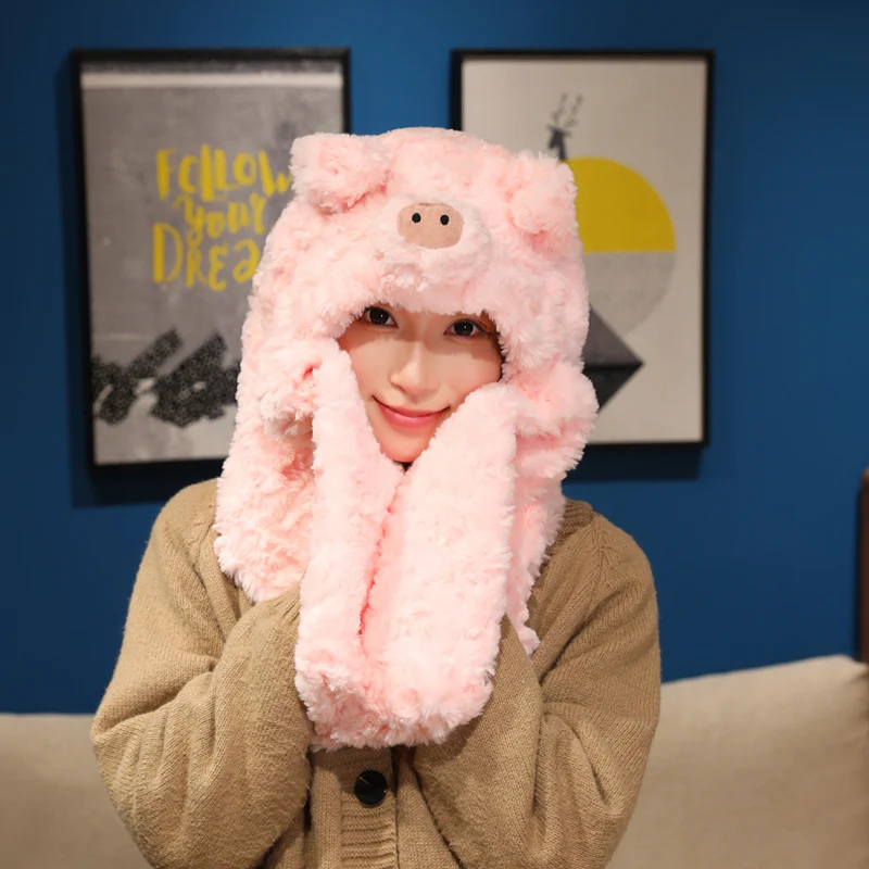 곰 돼지 스카프 모자 부드러운 플러시 귀여운 동물 핑크 돼지 브라운 베어 따뜻한 헤드웨어 모자 겨울 선물 소녀 소년 어린이 성인용