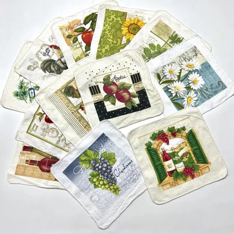 5pcs/pack Small 20x20cm Square Cotton Terry Printed Towel European American Pastoral Flowers Absorbent Kitchen Dishcloth