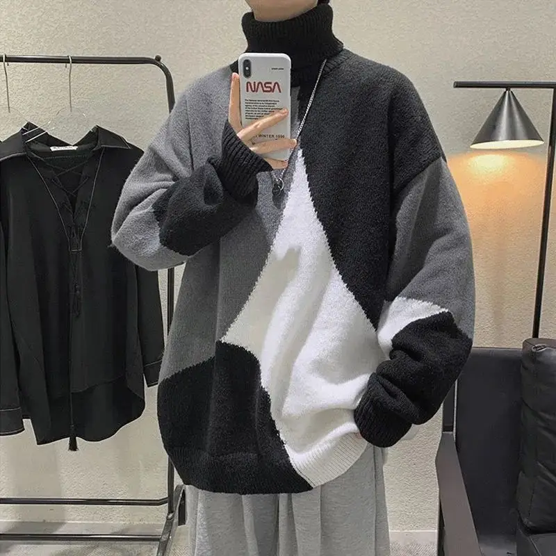 2023 Autumn and Winter Men\'s New Fashion High Neck Panel Sweater Thick Fashion Loose Relaxed Comfortable Versatile Top