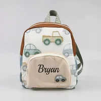 Mochila infantil personalizada con bordado de coche, bolsa de pañales para niños pequeños con nombre personalizado, bolsa para caminar para niños y niñas, lindo viaje escolar