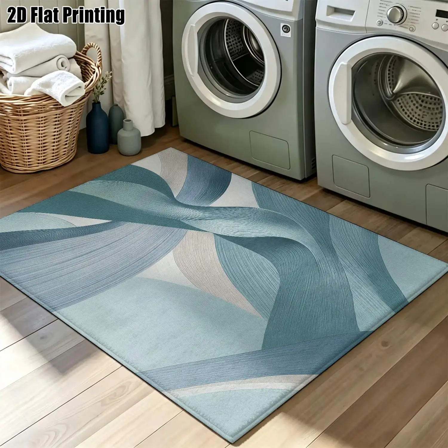 1Pc 2D Printed Carpet: Blue-Grey Abstract Art, Nordic/Instagram-Inspired, Geometric Line Modern Minimalist Style, Home Decor, Multi-Size, Machine-Washable, for Entrance, Living Room, Bedroom, Dining Room, Study