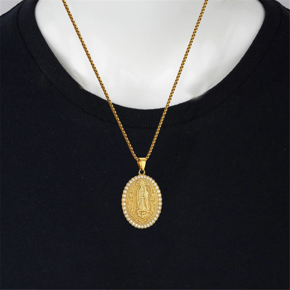 

Religious Iced Out Our Lady Virgin Mary Pendant Gold Color Stainless Steel Christian Necklace For Women Jewelry Gift Madonna