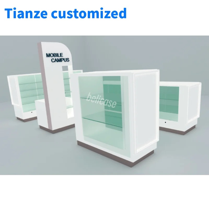 (Customized) new fashion design cell phone accessories showcase with LED light glass display cabinet mall kiosk design