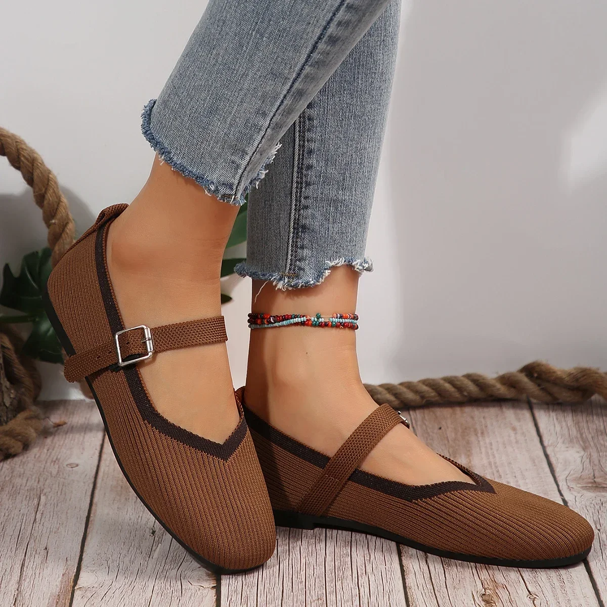 2024 Women\'s Shoes Loafers Ballet Flats Square Toe Barefoot Buckle Strap Casual Low Heel Luxury Brand Woman Shoe New Brown Blue