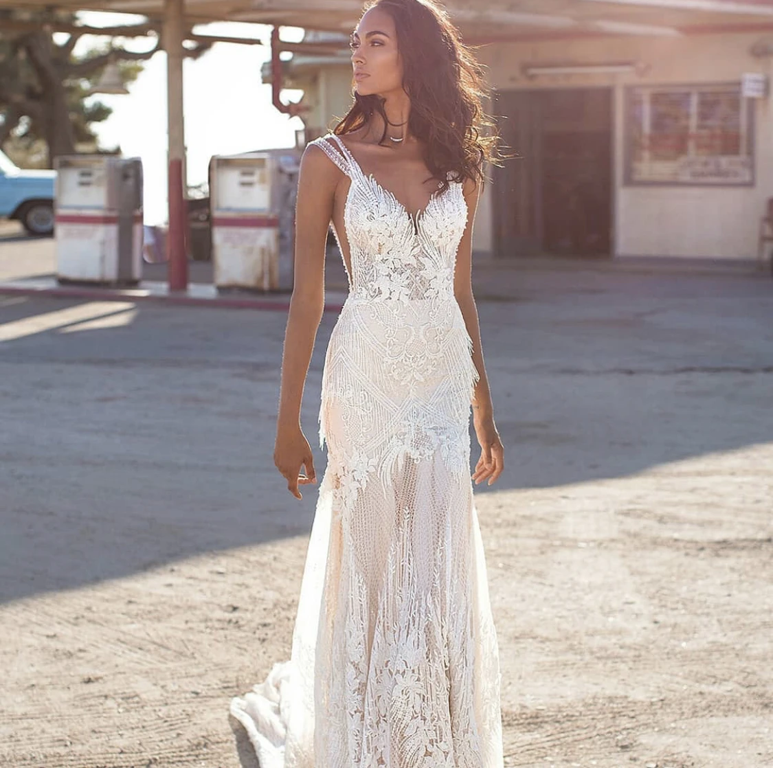 

Sexy Mermaid Wedding Dresses V-Neck Lace Embroidery Sleeveless Open Back Sweep Train Vintage Bridal Gowns Vestidos De Noiva