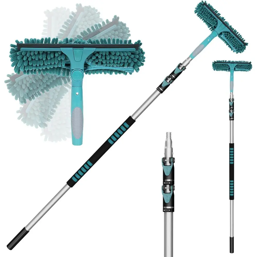 

Adjustable 12-Foot Telescoping Window Squeegee Kit with Rotatable Head and Microfiber Cloths