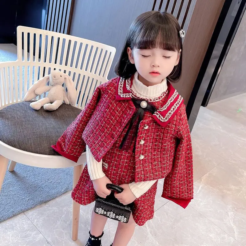 2023 Spring Girls Fashion Plaid 2pcs Suit Baby Kids Children Clothing Set Including Coat+ Skirt